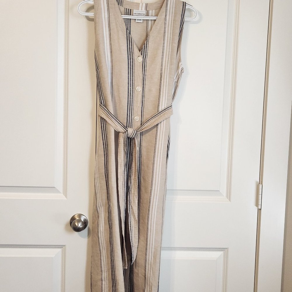 Liz Claiborne linen dress,  button front,  waist dash,  sleeveless,